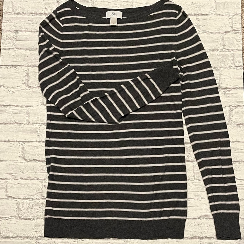 LOFT Light Weight, Grey Striped Sweater, Size Small
